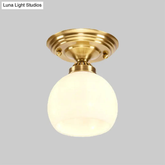 Classic 1-Light Glass Flush Mount Lamp In Brass - Globe/Cone Design For Corridor Ceiling Lighting