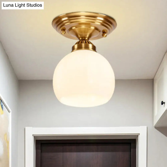 Classic 1-Light Glass Flush Mount Lamp In Brass - Globe/Cone Design For Corridor Ceiling Lighting