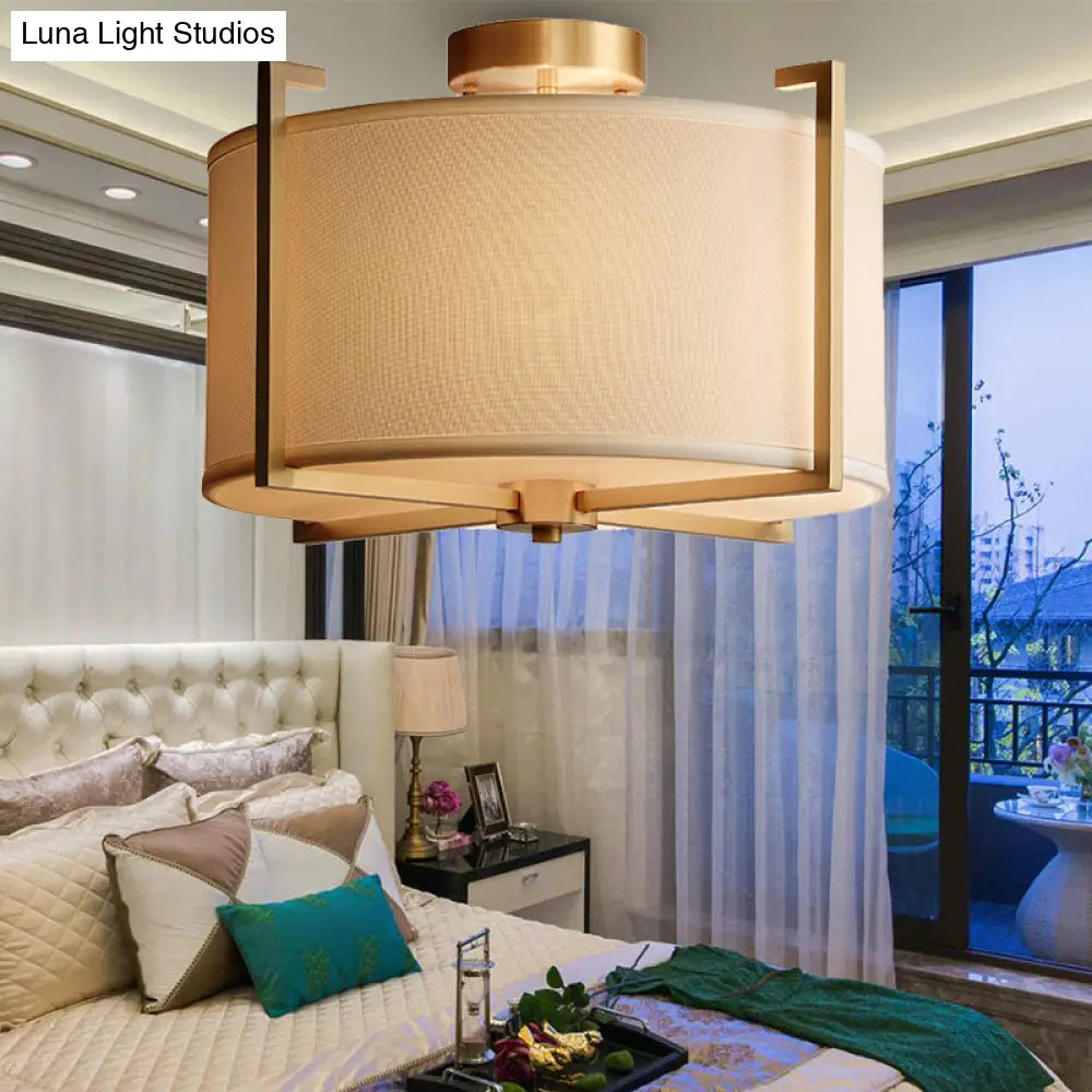 Classic 4-Light Semi Flush Mount Ceiling Fixture With White Fabric Shade For Living Room