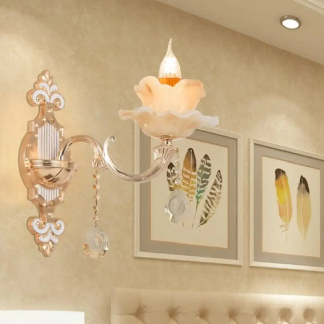 Classic Beige Candle Wall Sconce With Faux Jade Glass - Bedroom Lighting Fixture 1 / Lotus