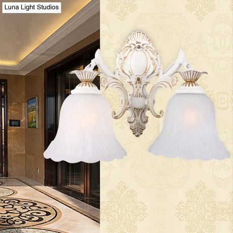 Classic Bell Sconce Light With Carved Arm - White Glass 1/2-Bulb Wall Lighting For Bedroom