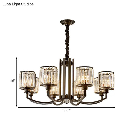 Classic Black Cylinder Pendant Light With Faceted Crystal: Elegant Living Room Chandelier