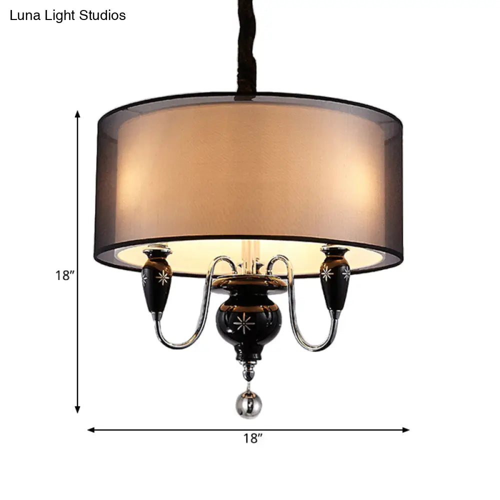 Classic Black Drum Pendant Light - 3-Light Fabric Chandelier For Dining Room Fixture