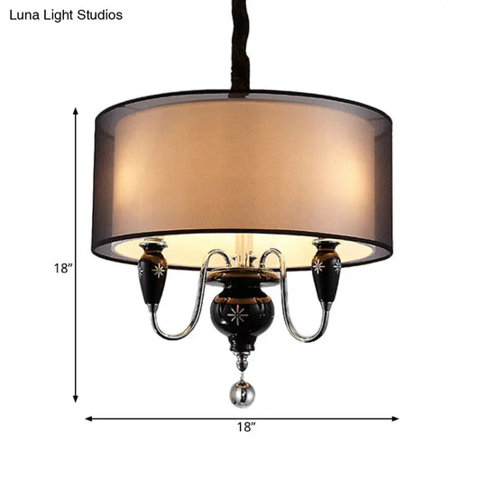 Classic Black Drum Pendant Light - 3-Light Fabric Chandelier For Dining Room Fixture