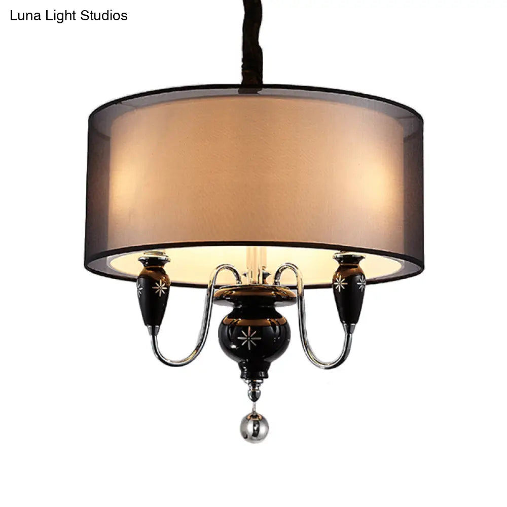 Classic Black Drum Pendant Light - 3-Light Fabric Chandelier For Dining Room Fixture