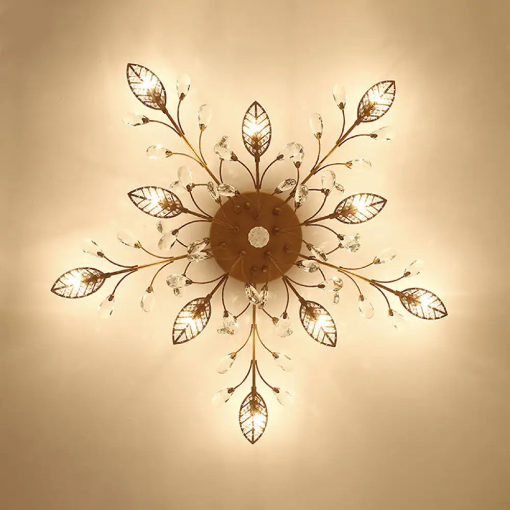 Classic Clear Crystal Led Semi-Flush Mount Ceiling Light With Leaf Design For Corridors 10 / Gold