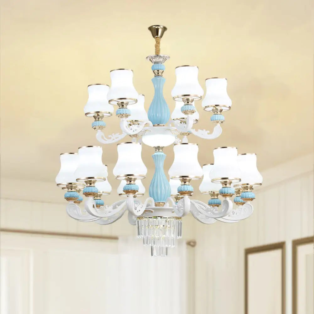 Classic Cream Glass Blue Bedroom Chandelier Light With Crystal Accents 18 /
