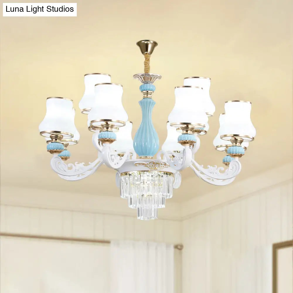 Classic Cream Glass Blue Bedroom Chandelier Light With Crystal Accents