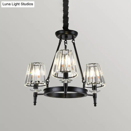 Classic Crystal Conical Chandelier: Black Suspended Lighting Fixture For Bedroom
