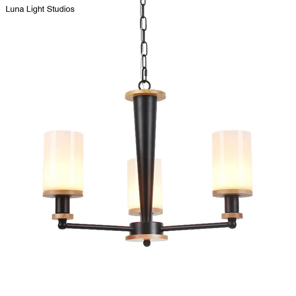 Classic Cylindrical Pendant Chandelier With White Glass Available In 3/5/6 Heads Black Finish