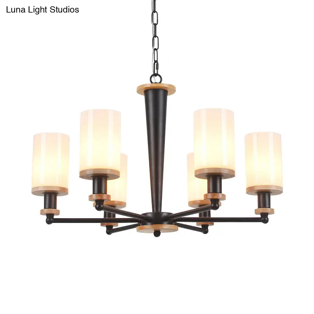 Classic Cylindrical Pendant Chandelier With White Glass Available In 3/5/6 Heads Black Finish