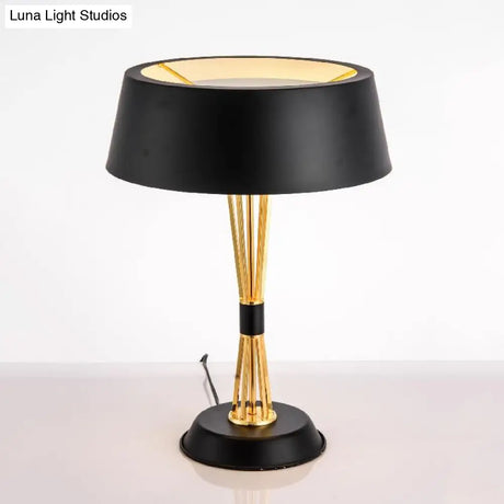 Classic Drum Reading Light Fabric Desk Lamp - Black Metal Base Bedroom Illumination Solution