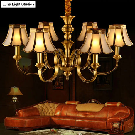 Classic Flower Hanging Lamp - 6 Bulbs Frosted White Glass Chandelier Light With Brass Fixture