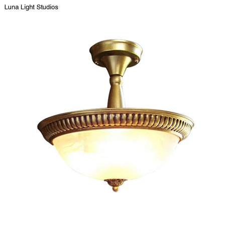 Classic Frosted Glass Domed Semi Flush Brass Led Ceiling Light For Corridor - Warm/White