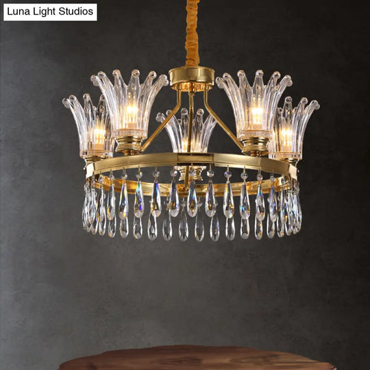 Classic Gold Flared Chandelier With Clear Crystals - 5/8 Bulb Ceiling Pendant