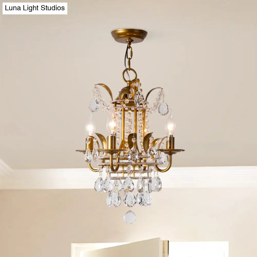 Classic Gold Metal Chandelier With 4-Light Lantern Design And Crystal Droplet Accents