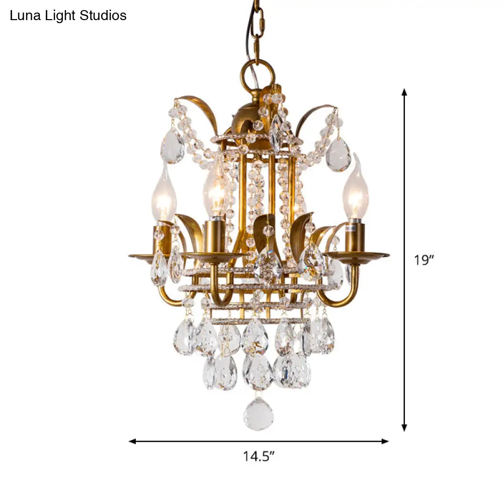 Classic Gold Metal Chandelier With 4-Light Lantern Design And Crystal Droplet Accents