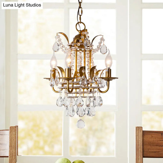 Classic Gold Metal Chandelier With 4-Light Lantern Design And Crystal Droplet Accents