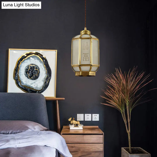 Classic Metal Lantern Corridor Drop Pendant: Brass Hanging Lamp With Frosted Glass Shade