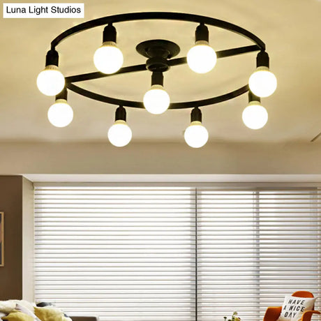 Classic Metal Semi-Flush Mount Ceiling Light With 7/9 Black Bare Bulbs For Living Room