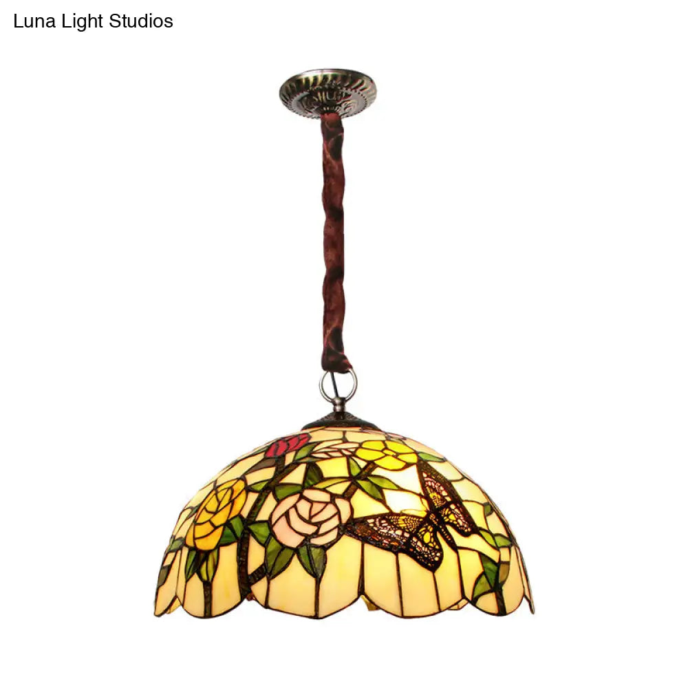 Classic Scalloped Hand Cut Glass Chandelier - 3-Head Suspended Lamp With Floral And Butterfly