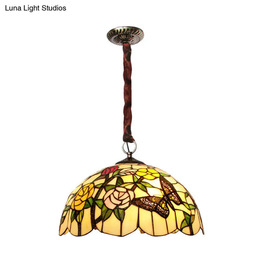 Classic Scalloped Hand Cut Glass Chandelier - 3-Head Suspended Lamp With Floral And Butterfly