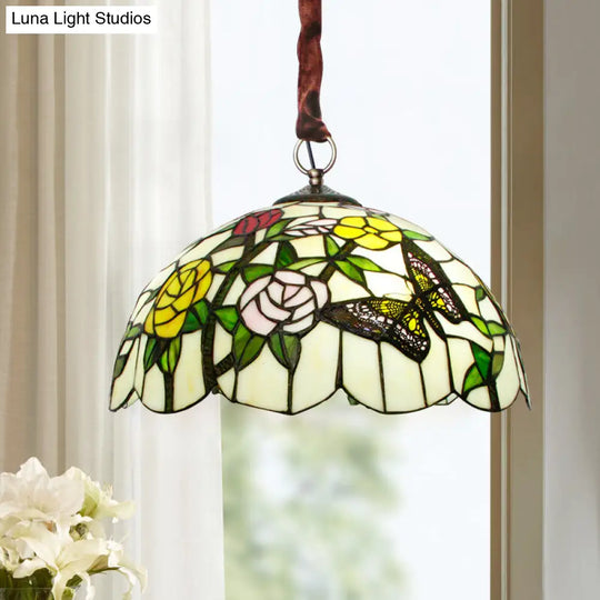 Classic Scalloped 3-Head Bronze Chandelier With Hand Cut Glass Floral & Butterfly Design
