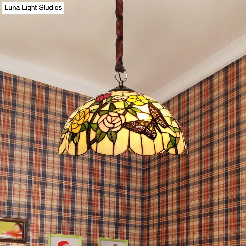 Classic Scalloped Hand Cut Glass Chandelier - 3-Head Suspended Lamp With Floral And Butterfly