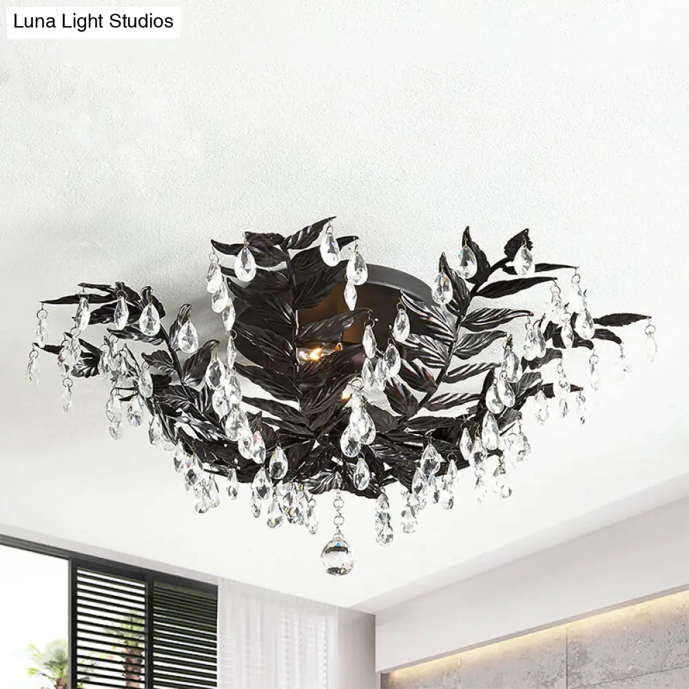 Classic Style Crystal Orb Gold/Black Semi-Flush Mount Leaf Ceiling Light For Bedroom - 10 Heads