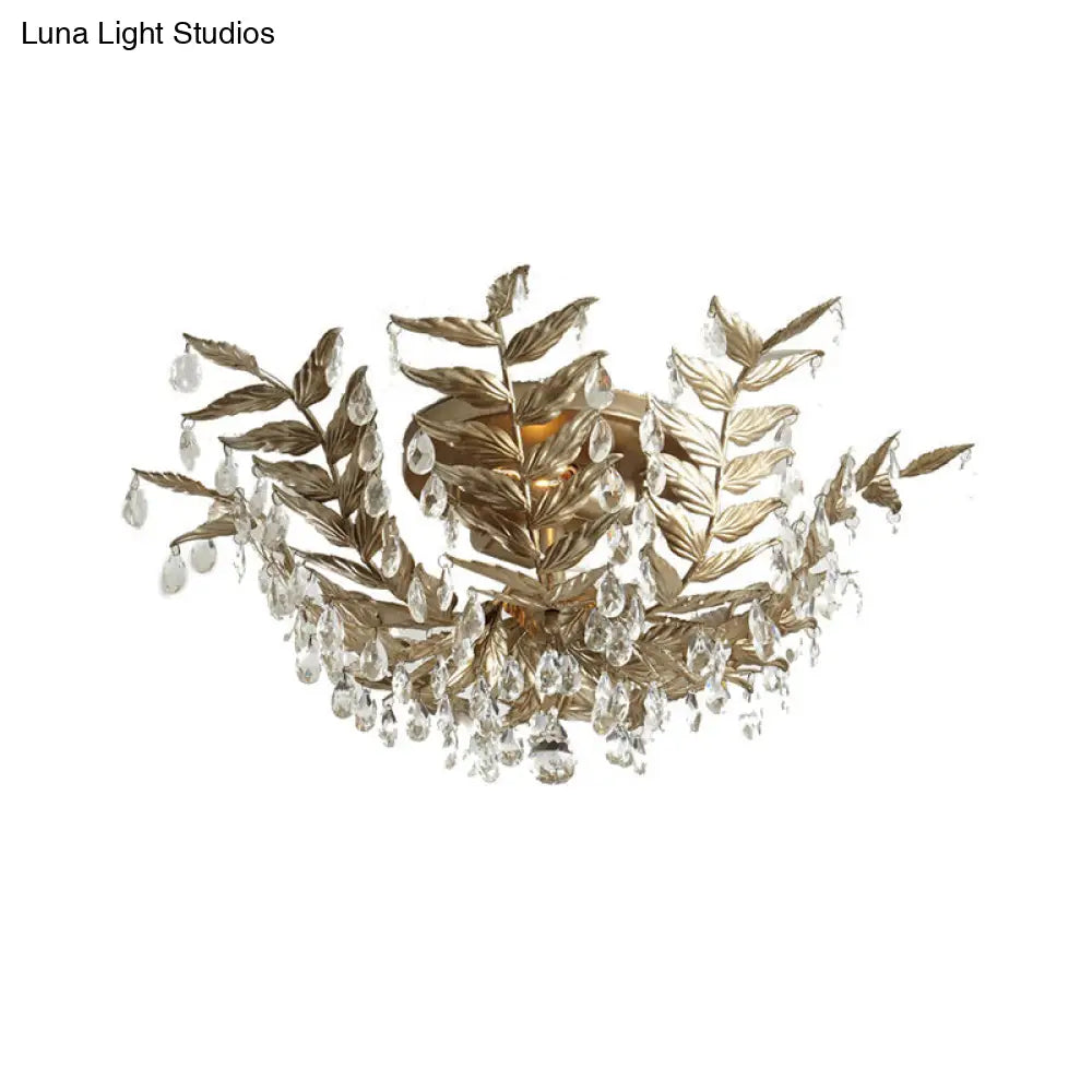 Classic Style Crystal Orb Gold/Black Semi-Flush Mount Leaf Ceiling Light For Bedroom - 10 Heads