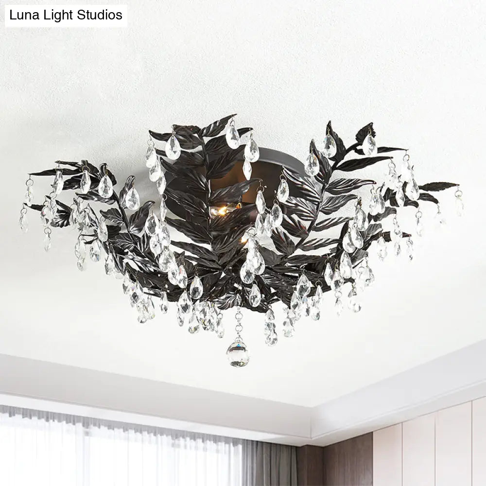 Classic Style Crystal Orb Gold/Black Semi - Flush Mount Leaf Ceiling Light For Bedroom - 10 Heads