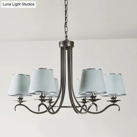 Classic Style Fabric Cone Chandelier Light 6 Heads Silver/Blue/White
