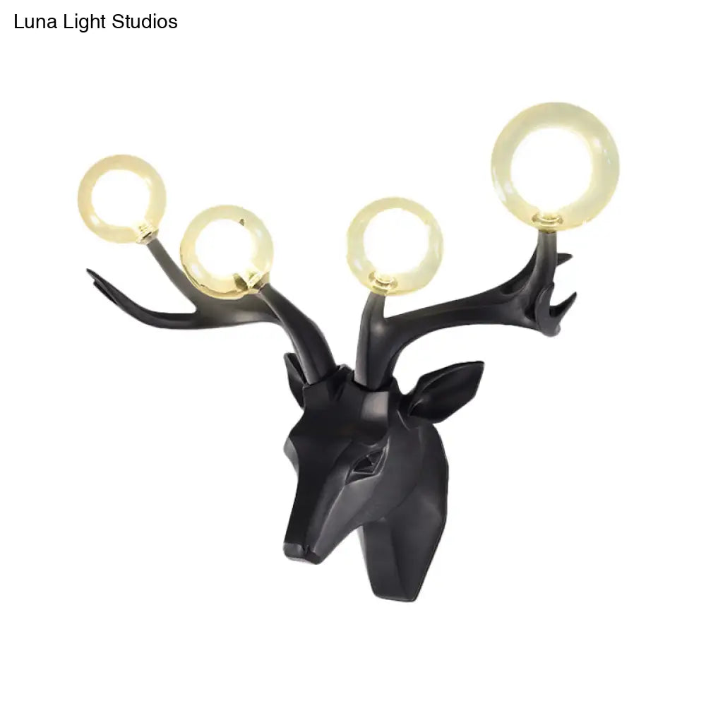 Classic Style Sika Deer Wall Lamp With Clear Crystal Shade - 4 Heads Black/White/Blue Resin For