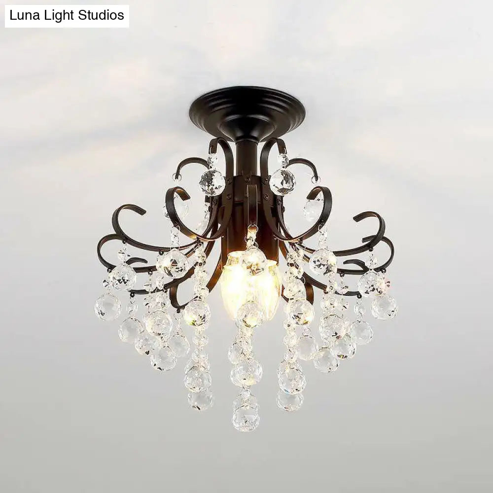 Classic Swirl Ceiling Flush Light With Crystal Ball - Single Metal Semi Mount Lighting