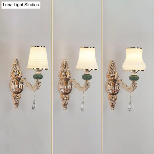 Classic Wall Mount Light With Textured Glass And Hanging Crystal In Gold