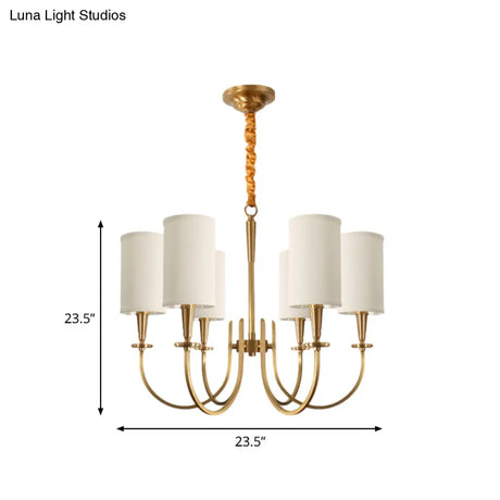 Classic White Cylindrical Pendant Chandelier - 6 Lights Fabric Shade Perfect For Living Room