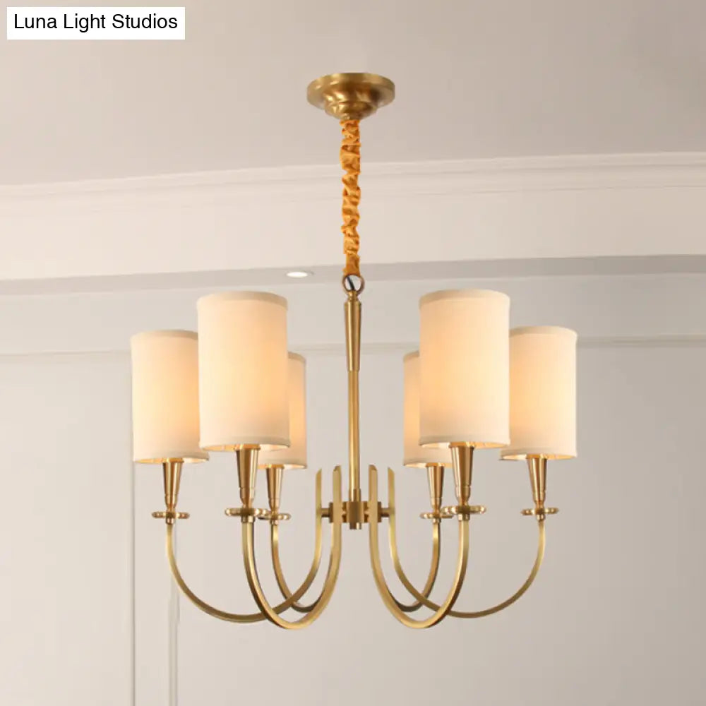 Classic White Cylindrical Pendant Chandelier - 6 Lights Fabric Shade Perfect For Living Room