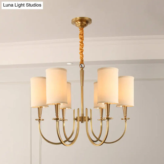 Classic White Cylindrical Pendant Chandelier - 6 Lights Fabric Shade Perfect For Living Room