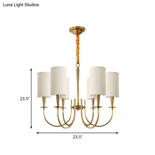 Classic White Cylindrical Pendant Chandelier - 6 Lights Fabric Shade Perfect For Living Room