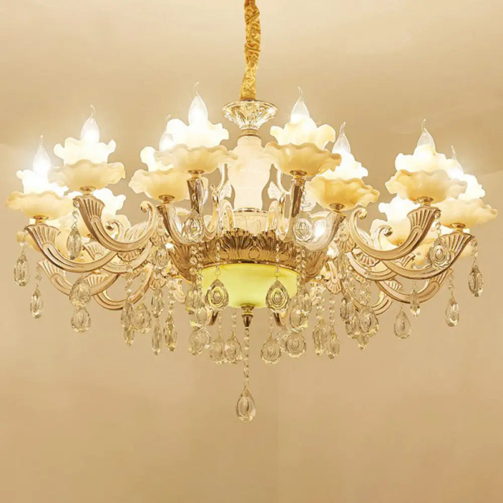 Classic White Faux Candle Chandelier For Living Room With Frosted Glass Pendant And Crystal Décor 15
