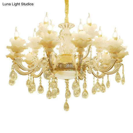 Classic White Faux Candle Chandelier For Living Room With Frosted Glass Pendant And Crystal Décor