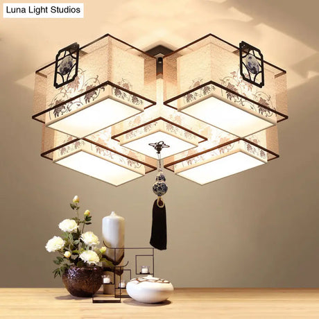 Classic White Flush Mount Ceiling Light - 5 - Light Fixture With Rectangle Fabric Shade