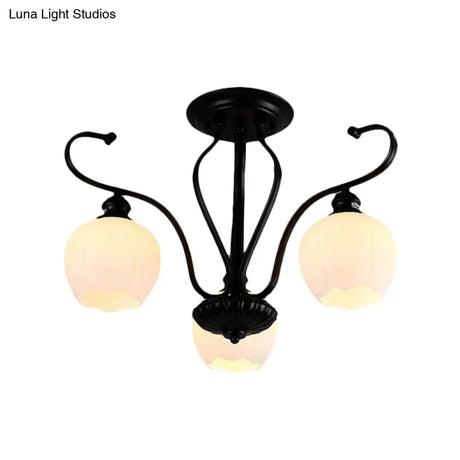 Classic White Glass Flower Shape Semi Flush Light For Living Room - 3/6/8 Lights Black Ceiling