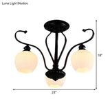 Classic White Glass Flower Shape Semi Flush Light For Living Room - 3/6/8 Lights Black Ceiling