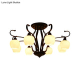 Classic White Glass Flower Shape Semi Flush Light For Living Room - 3/6/8 Lights Black Ceiling