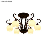 Classic White Glass Flower Shape Semi Flush Light For Living Room - 3/6/8 Lights Black Ceiling