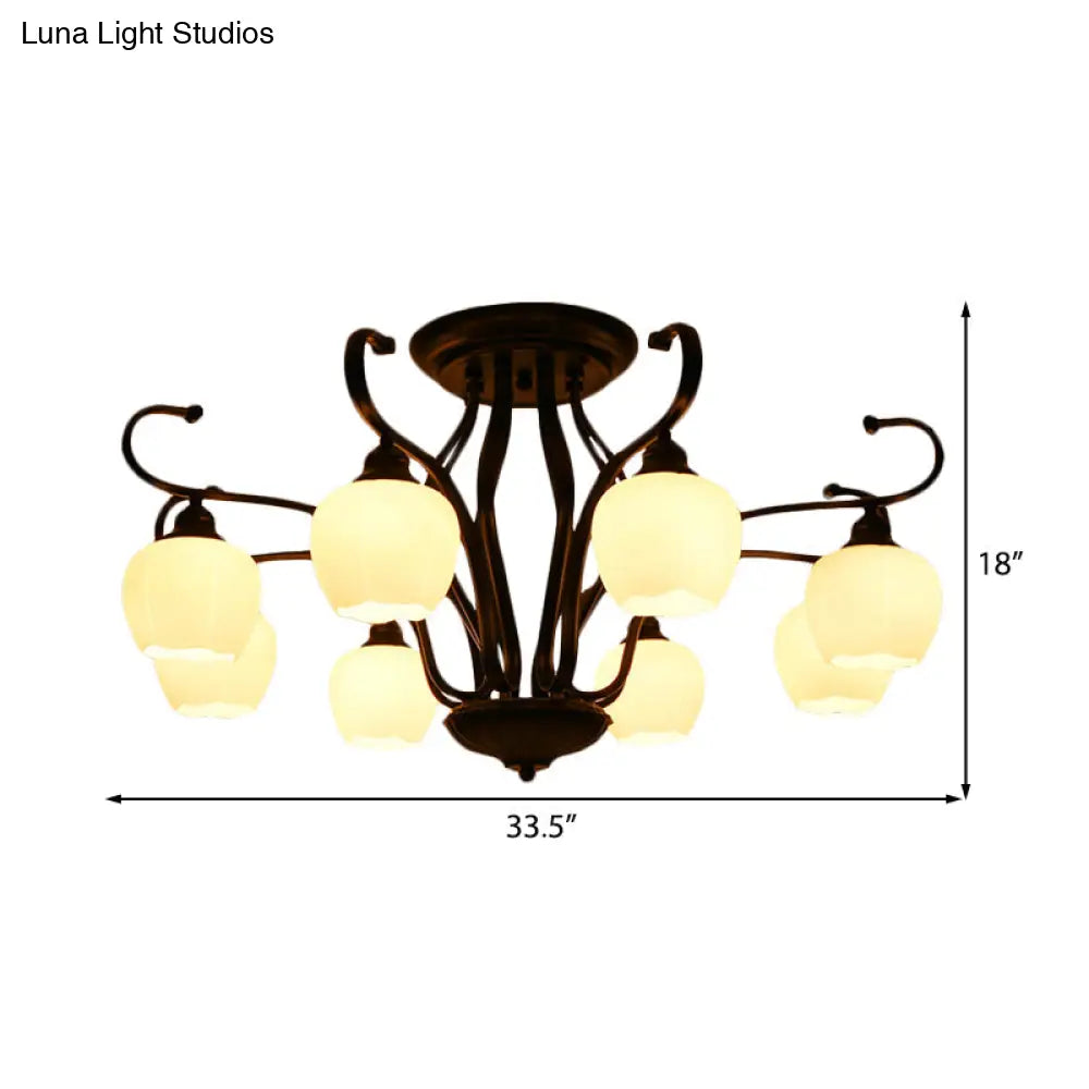 Classic White Glass Flower Shape Semi Flush Light For Living Room - 3/6/8 Lights Black Ceiling