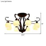 Classic White Glass Flower Shape Semi Flush Light For Living Room - 3/6/8 Lights Black Ceiling
