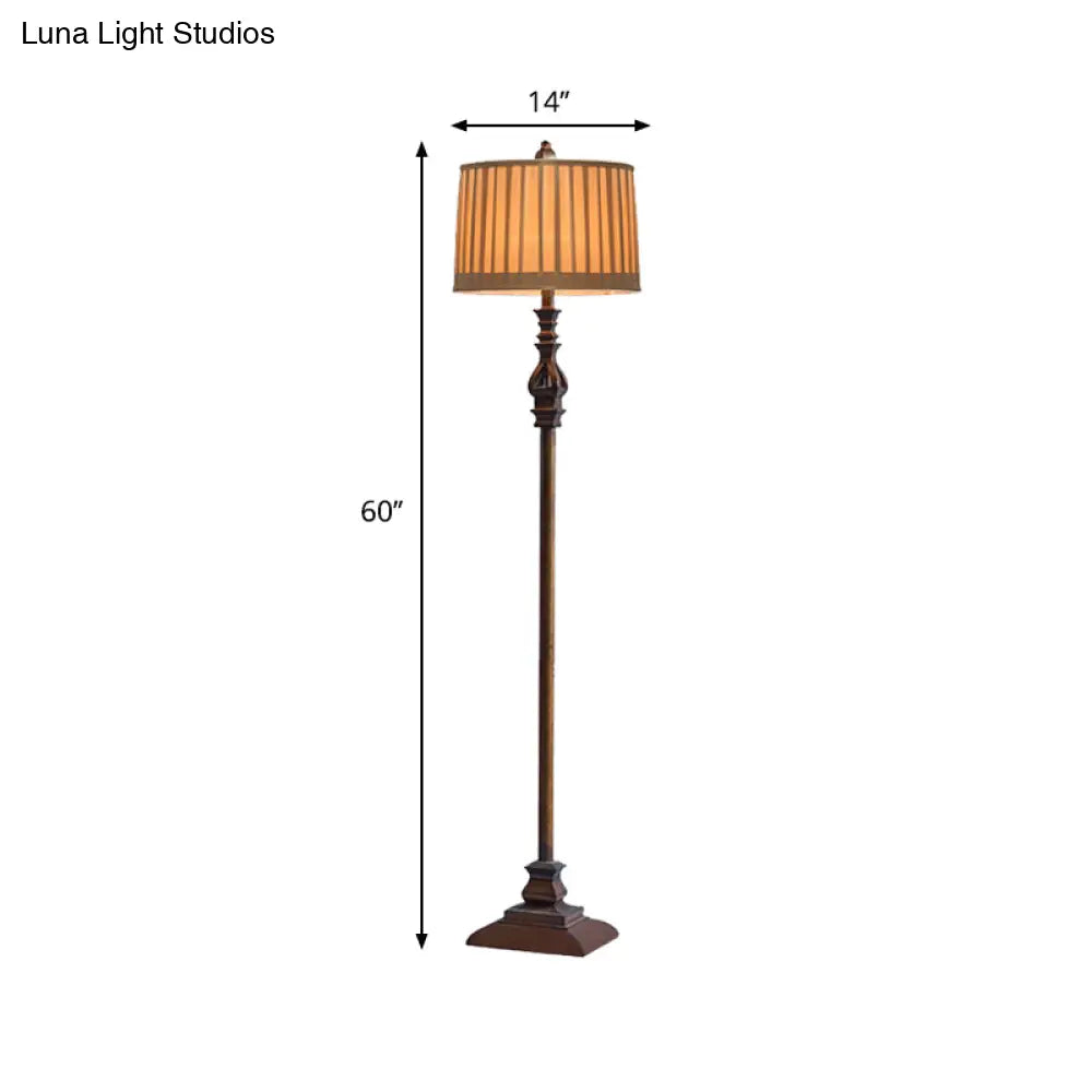 Classic Wood Standing Floor Lamp With Plated Fabric Shade - Dark Coffee Drum Design