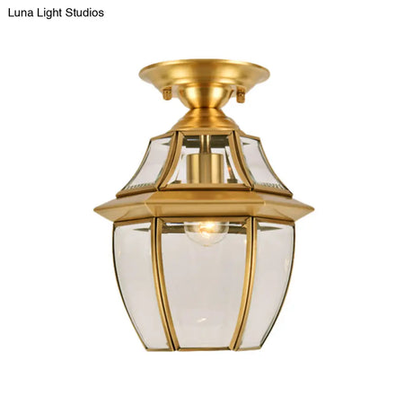 Clear Bevel Glass Lantern Bedroom Flush Mount Light - Colonial 1-Bulb Brass Ceiling Lamp
